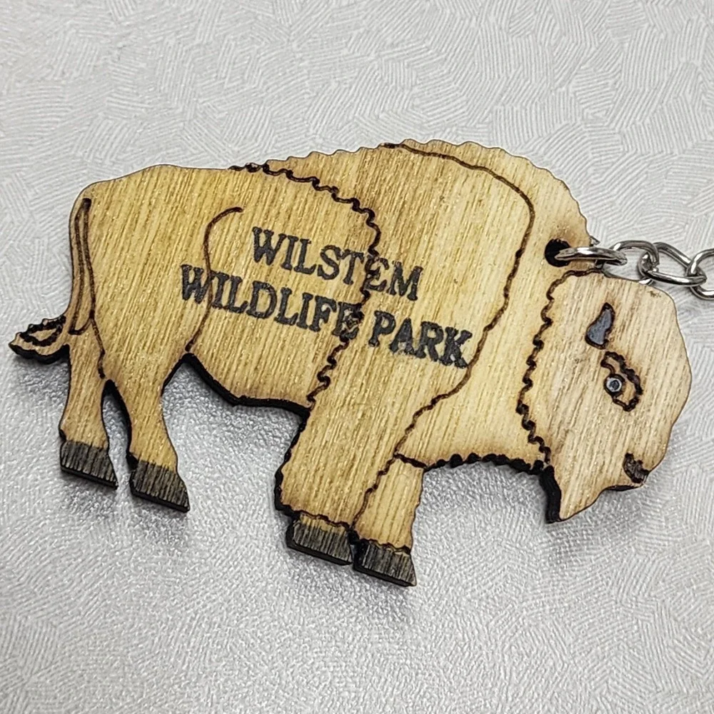 Wilstem Wildlife Park, Indiana Wood Cut Out BUFFALO Animal Key Chain Ring